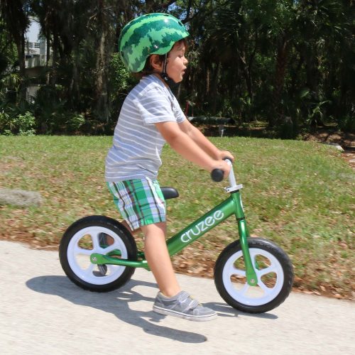 Cruzee Balance Bike Green With White Wheels Action